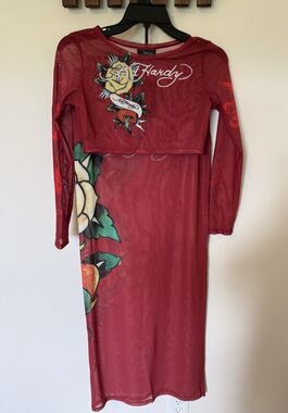 Ed Hardy Red Mesh Cover Up Skirt Set Rose Tattoo Rhinestone Y2K Size L New W/Tag
